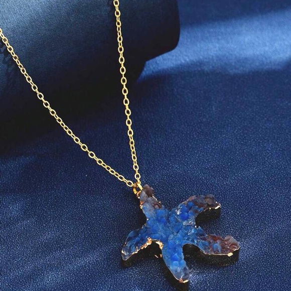 “Blue Druzy Starfish” Gold Dipped Geode Ocean Sea Marine Tropical Steel Necklace - Picture 7 of 16